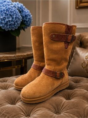 UGG Sutter Mid-Calf Boots Women’s US 6 Tan Suede Buckle Faux Shearling Lined